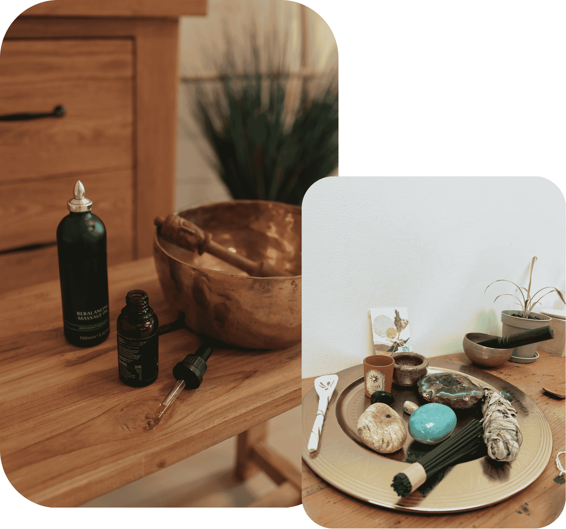Massages_ayurvédique Produits et accessoires pour massages ayurvédiques dans l’atelier de Laure Beauté Holistique.